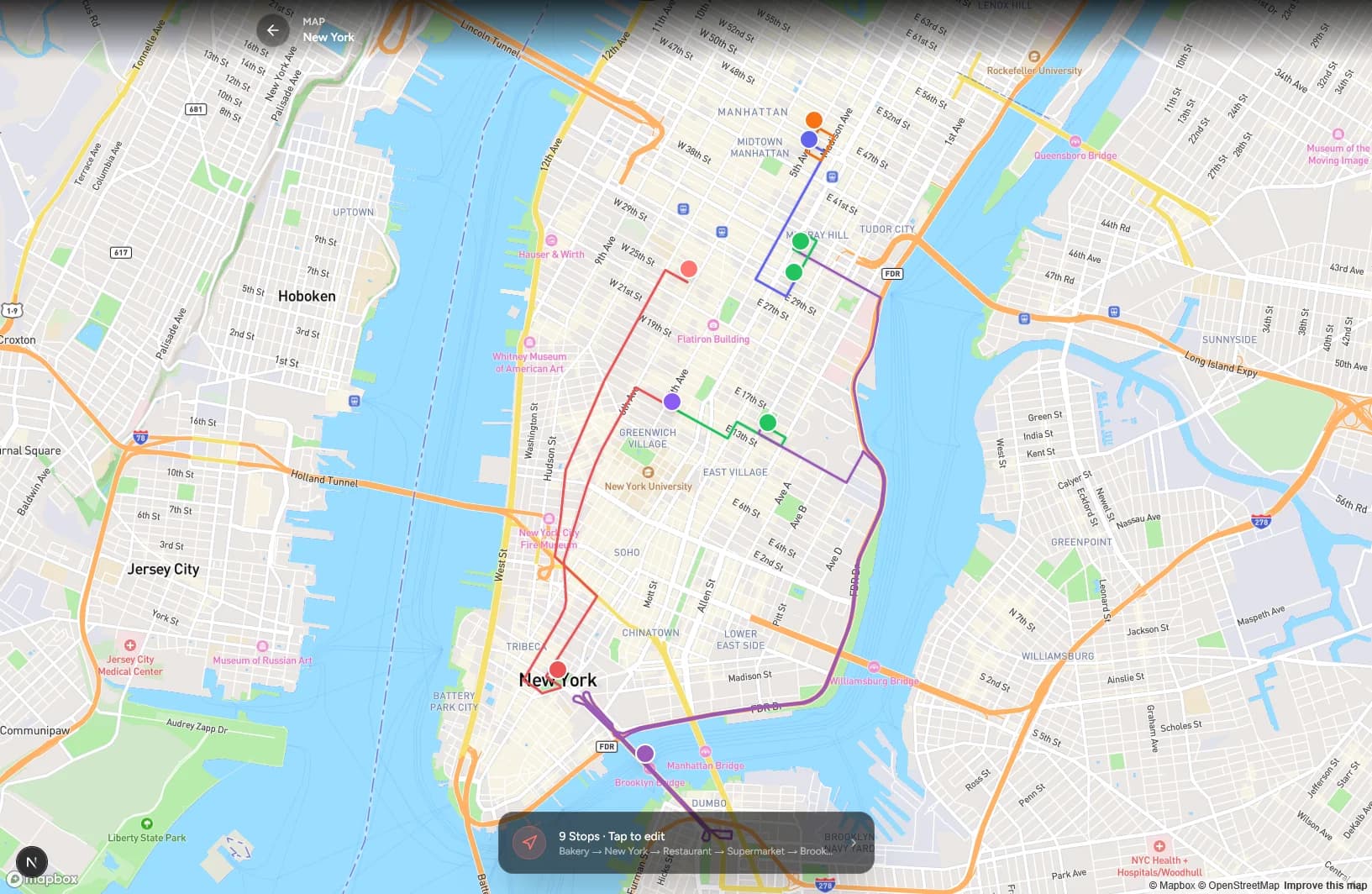 gotrippin route map with ordered stops along the path